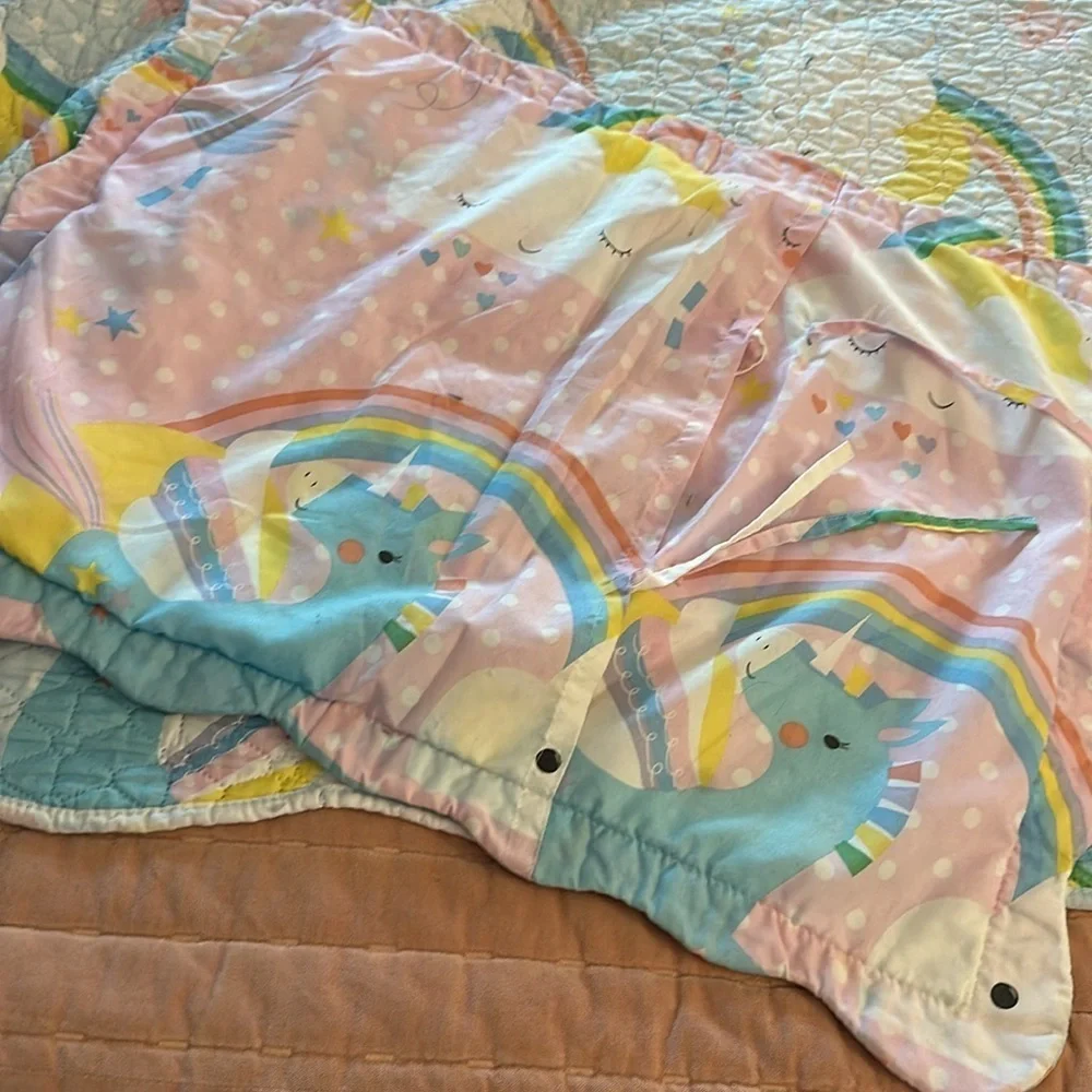 🩵🩵🩵🩵Yes I Can Twin quilt coverlet unicorn rainbows clouds blue pink w/ sham